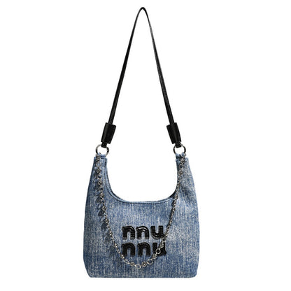 Simple retro small bucket bag, Versatile denim underarm bag, Chain bag Crossbody bag, slouch hobo purse