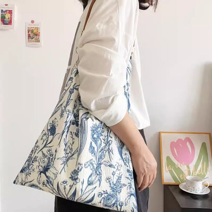 Bolso de mano retro con diseño de flores de porcelana azul y blanca, bolso de hombro con asa única, bolso ligero, bolso hobo de tela 