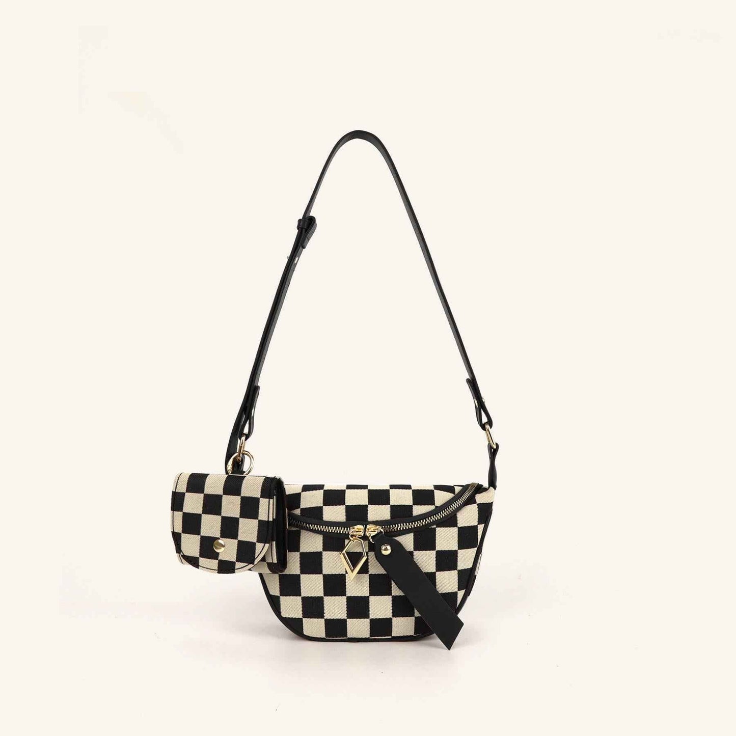 Checkerboard Canvas Crossbody Bag - 2-in-1 Compact Chest Bag & Fanny Pack with Earphone Storage