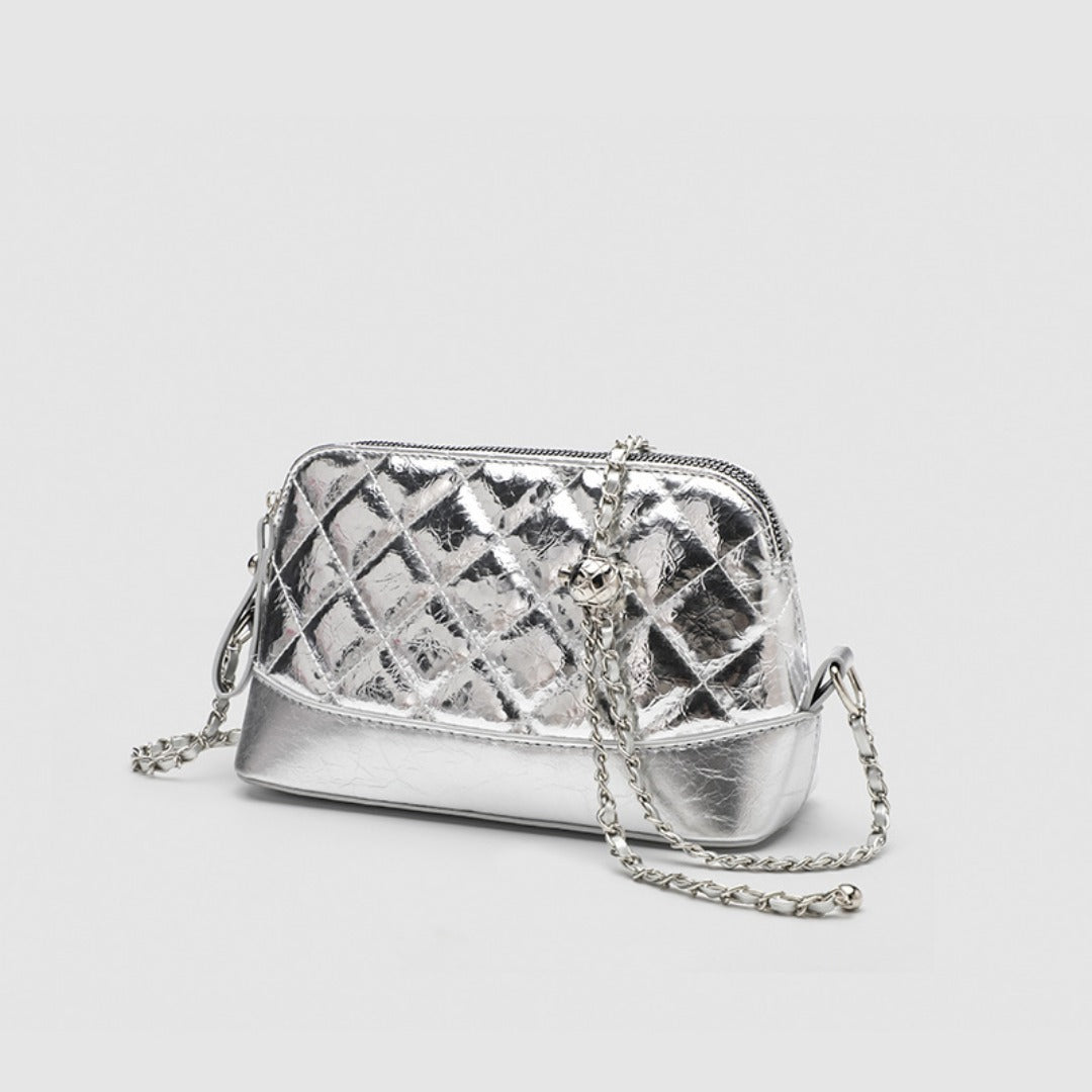 Simple chain bag, silver metallic shoulder Crossbody bag, fashionable small diamond bag women