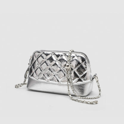 Simple chain bag, silver metallic shoulder Crossbody bag, fashionable small diamond bag women