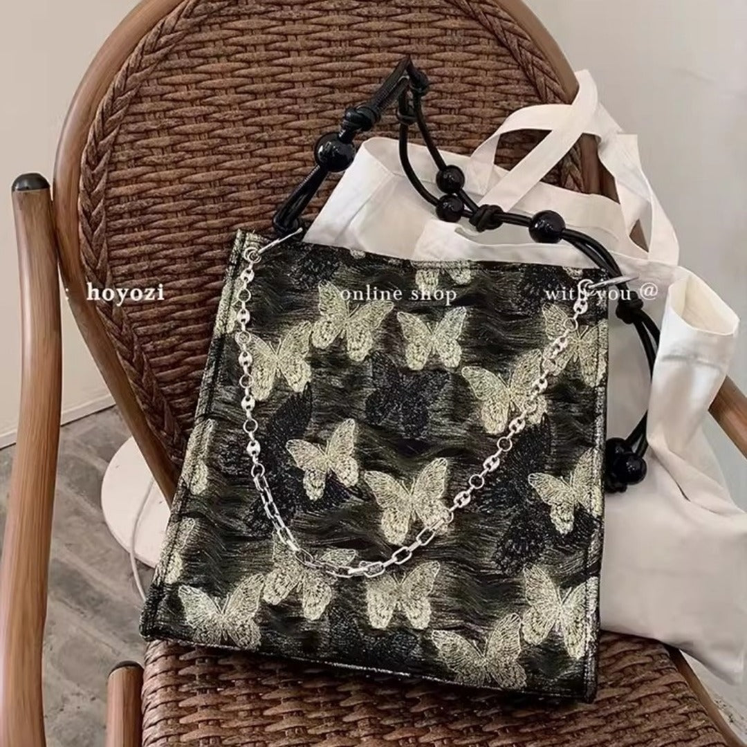 Gilt butterfly embroidered tote purse, chain beaded tote bag, Women's shoulder Crossbody bag, large capacity hobo bag