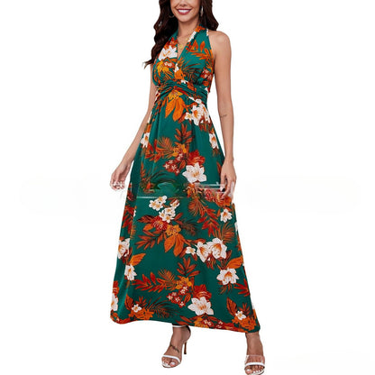 Women's Halter Neck Printed Bohemian Dress Vacation Beach Maxi Dress