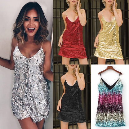 Vestido de lentejuelas brillantes sin mangas para mujer, con tirantes finos, ideal para discotecas, cócteles y fiestas nocturnas. 