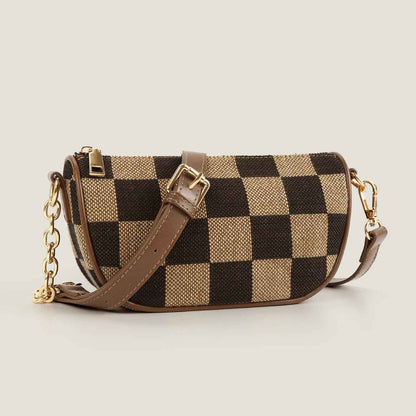 Checkerboard Canvas Crossbody Bag - 2-in-1 Compact Chest Bag & Fanny Pack with Earphone Storage