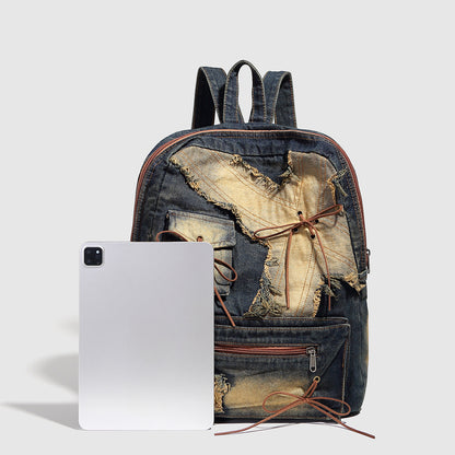 Mochila retro de mezclilla lavada, mochila con lazo de diseño, mochila tipo bolso de gran capacidad estilo Spice Girl 