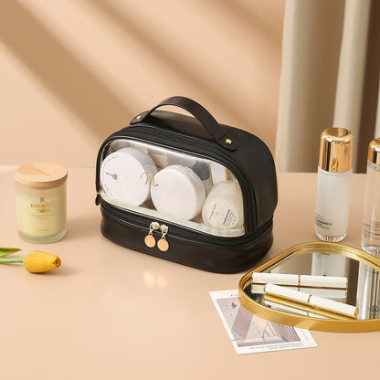 Transparent double layers cosmetic bag, travel large-capacity portable storage bag, PVC waterproof handbag cosmetic toilet bag, transparent makeup purse,Makeup bag with compartments,