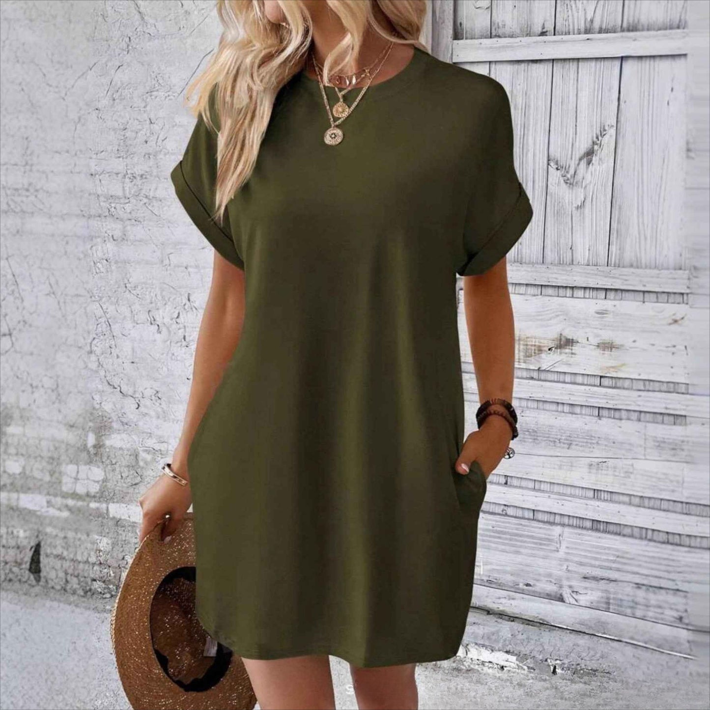 Vestido informal holgado de talla grande a la moda con mangas de murciélago lisas 