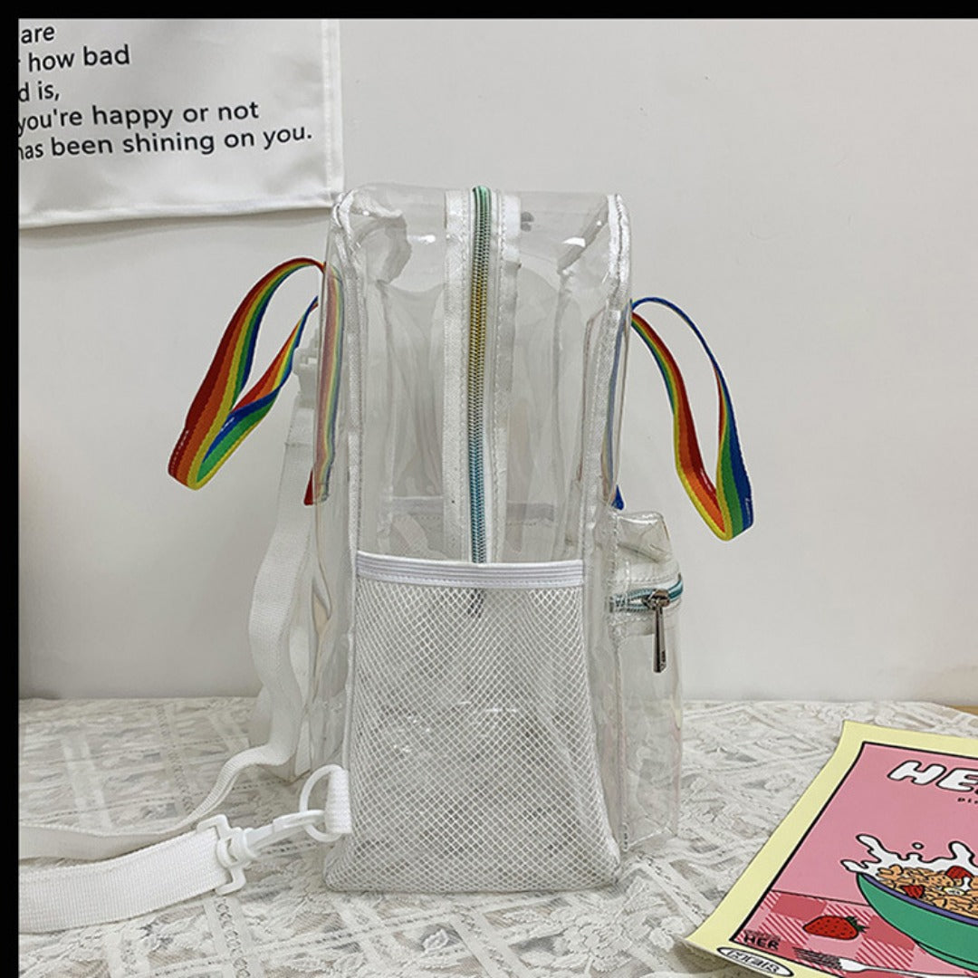 Mochila impermeable de PVC con diseño transparente, duradera y elegante, perfecta para viajes, escuela y uso diario. 