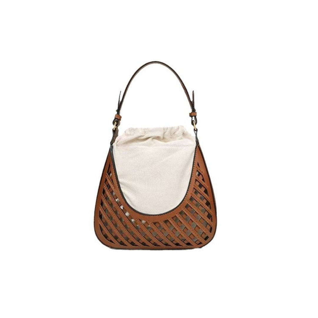 Elegante bolso bandolera marrón tipo cubo - Bolso tote vintage de punto con estilo y práctico bolso bandolera pequeño tipo hobo 
