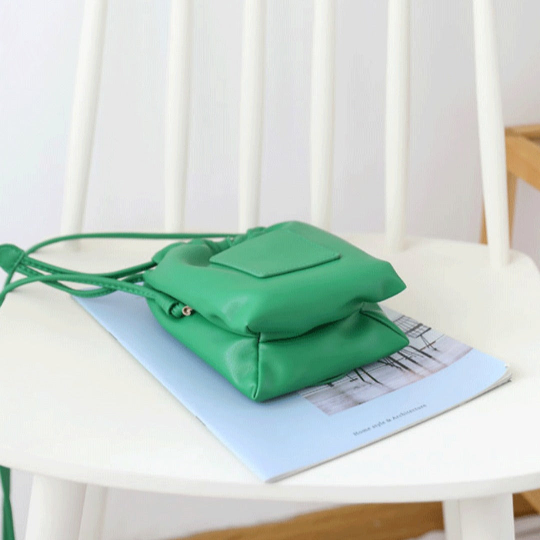 Soft PU Cute Mini Mobile Phone Bag - Fashionable Pleated Shoulder Women's Bag, Simple Drawstring Crossbody Small Square Bag