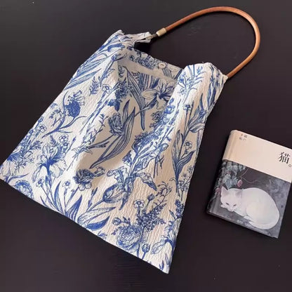 Bolso de mano retro con diseño de flores de porcelana azul y blanca, bolso de hombro con asa única, bolso ligero, bolso hobo de tela 