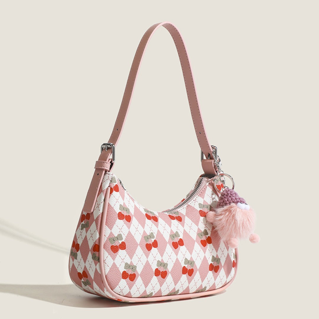 Bolso pequeño y versátil para llevar debajo del brazo, bolso de hombro con bonito estampado de cerezas, bolso de asa superior, bolso hobo en forma de media luna 