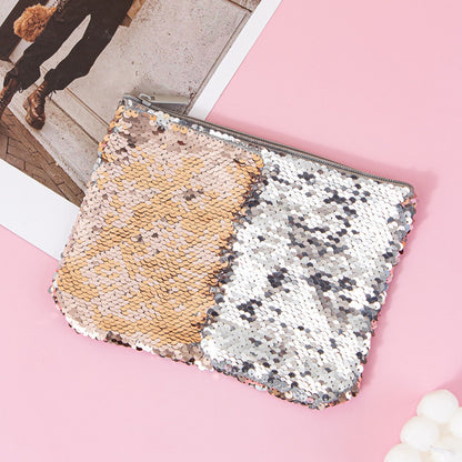 Mermaid sequined pencil case, two-color stationery storage bag, portable cosmetics change purse, small purse