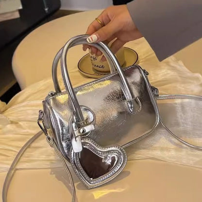 Mini tote handbag silver, women's summer shoulder crossbody bag, versatile love small square bag, mini top handle purse