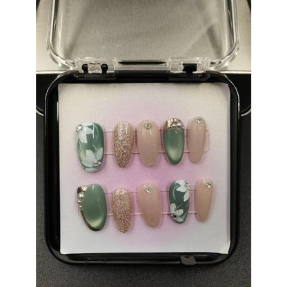 1050- Uñas postizas hechas a mano, de presión, removibles, con dibujo hecho a mano