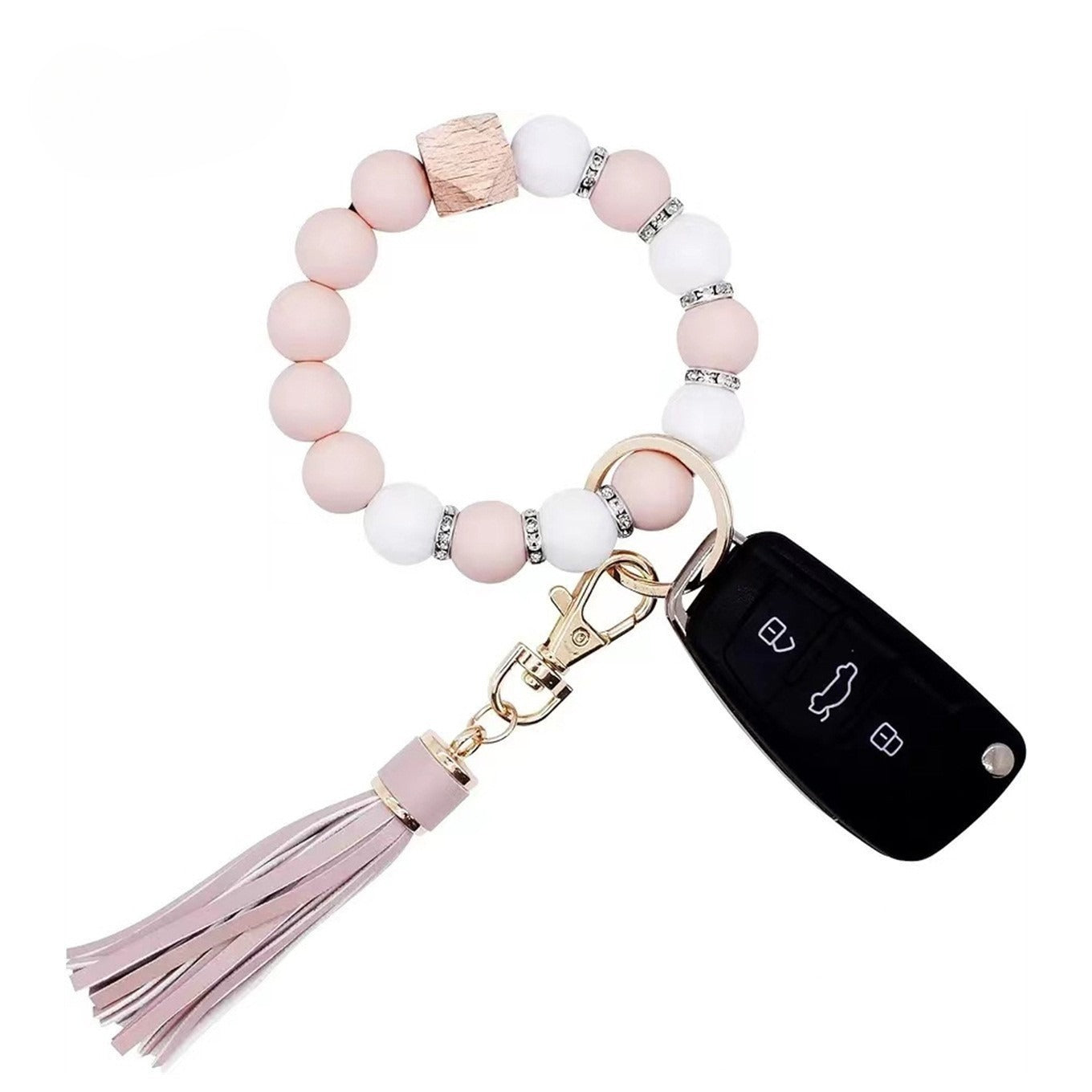 Llavero con borla de PU para bolso de mujer, llavero de silicona con cuentas, pulsera, llavero de coche, bonito soporte para mujeres y niñas. 