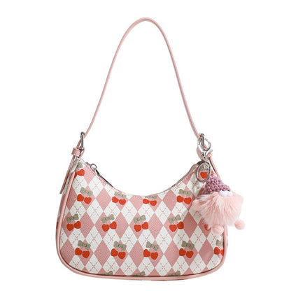 Bolso pequeño y versátil para llevar debajo del brazo, bolso de hombro con bonito estampado de cerezas, bolso de asa superior, bolso hobo en forma de media luna 