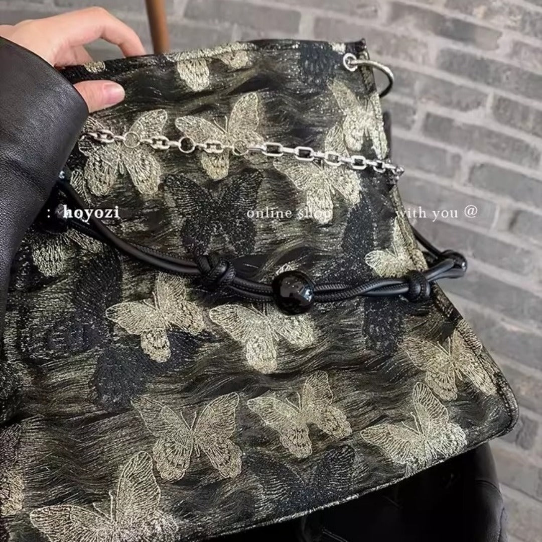 Gilt butterfly embroidered tote purse, chain beaded tote bag, Women's shoulder Crossbody bag, large capacity hobo bag