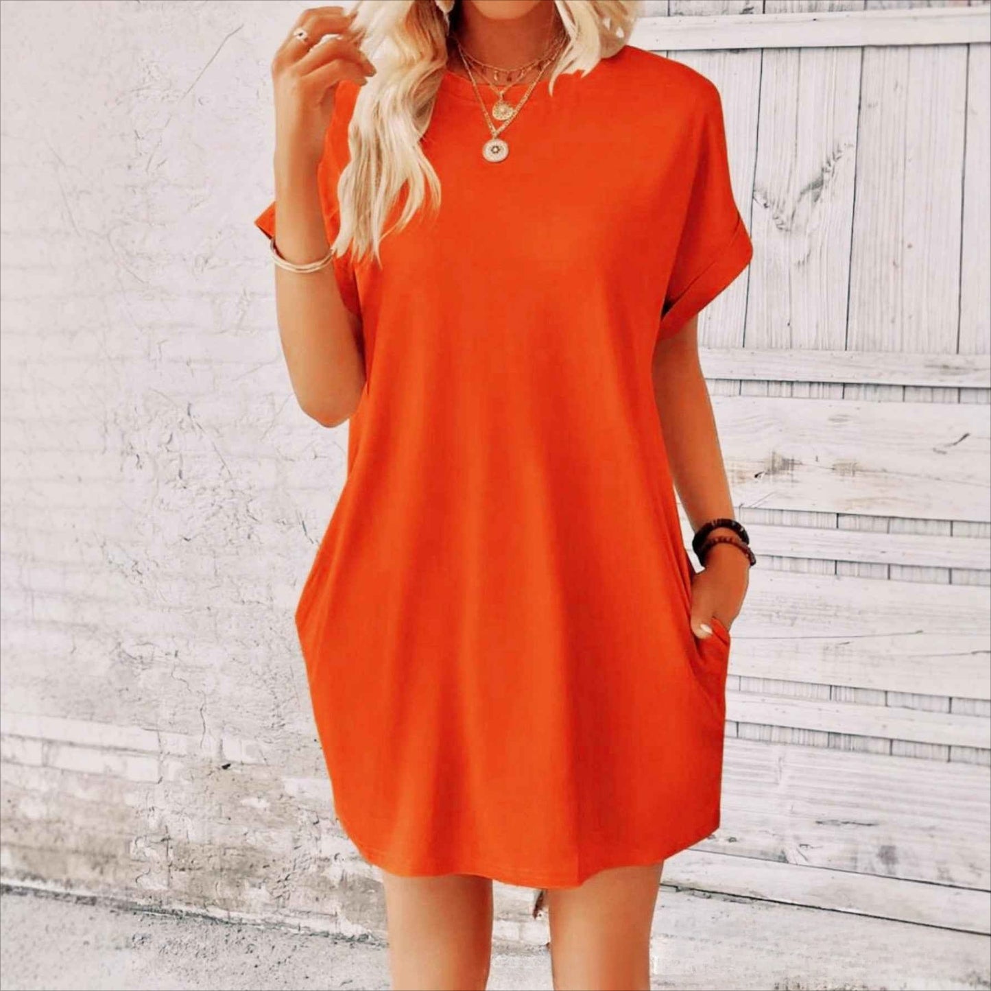 Vestido informal holgado de talla grande a la moda con mangas de murciélago lisas 