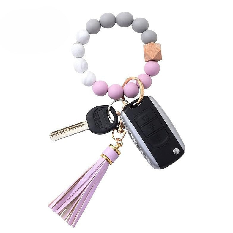 Llavero con borla de PU y cuentas de silicona para bolso, pulsera, llavero de coche, para mujeres y niñas 