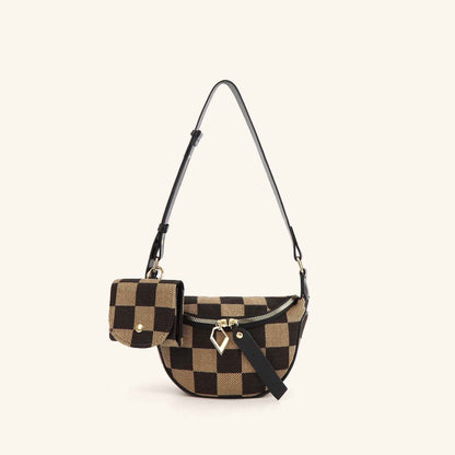 Checkerboard Canvas Crossbody Bag - 2-in-1 Compact Chest Bag & Fanny Pack with Earphone Storage