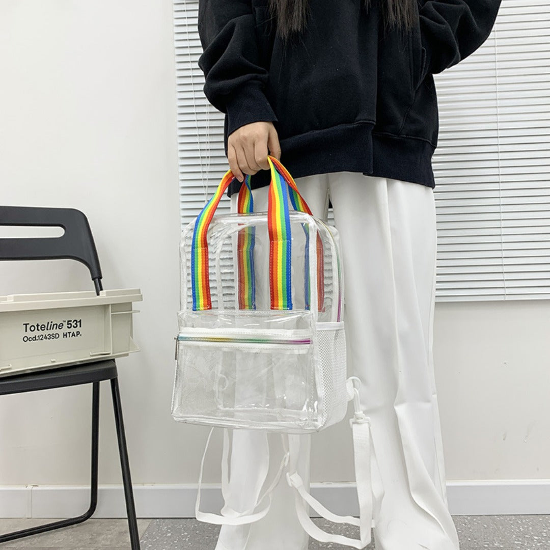 Mochila impermeable de PVC con diseño transparente, duradera y elegante, perfecta para viajes, escuela y uso diario. 