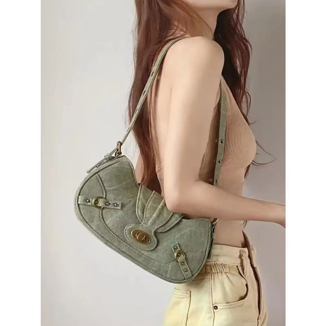 Bolso de hombro vintage verde militar con detalle de empalme – Bolso pequeño y elegante, bolso versátil estilo Spice Girl para primavera y bolso hobo