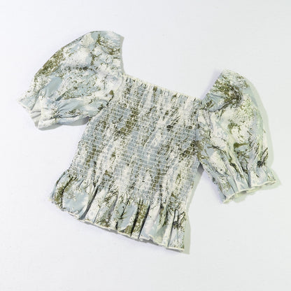 Slim Blouse French Style Tops Leaves Flower Print  Shirt women Elastic Body women's clothing official