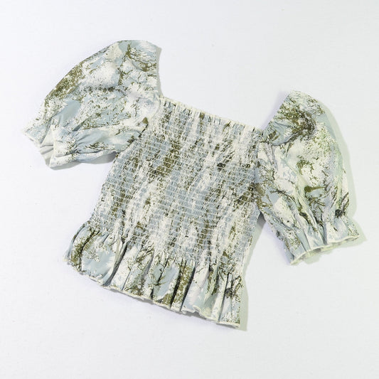 Slim Blouse French Style Tops Leaves Flower Print  Shirt women Elastic Body women's clothing official