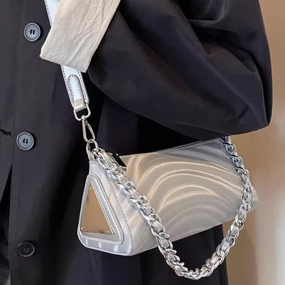 Bolso bandolera versátil para mujer, bolso de hombro plateado con cadena, pequeño bolso bandolera metálico 