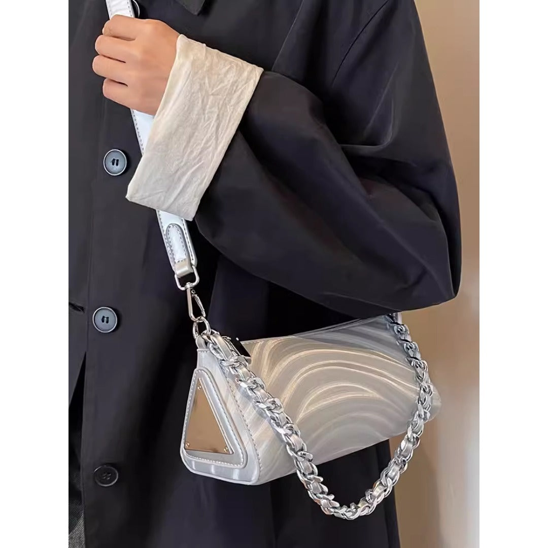 Bolso bandolera versátil para mujer, bolso de hombro plateado con cadena, pequeño bolso bandolera metálico 
