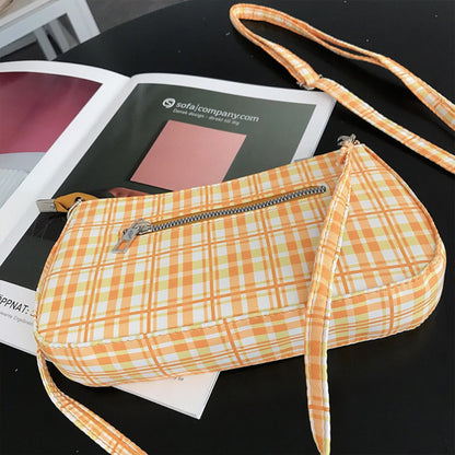Bolso de verano sencillo a cuadros naranjas, bolso baguette pequeño en forma de media luna, bolso hobo de hombro 