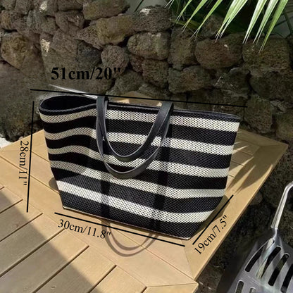 Bolso tote elegante a rayas blancas y negras – Bolso de hombro tejido de gran capacidad para mujer, perfecto para vacaciones y compras. 