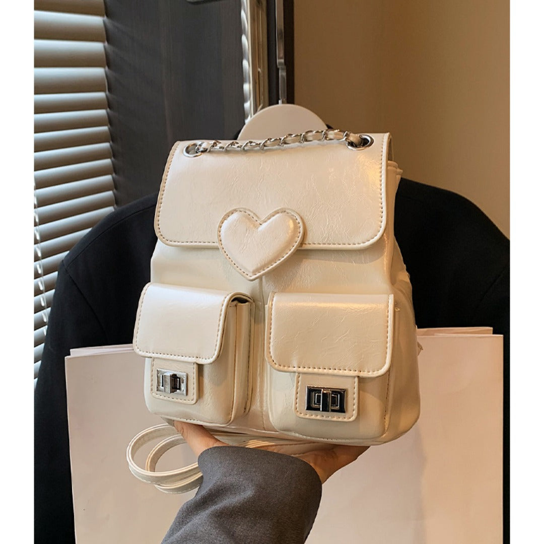 Mochila de mujer con estampado de corazones, mochila versátil con cadena, bolso pequeño de viaje a la moda para mujer 