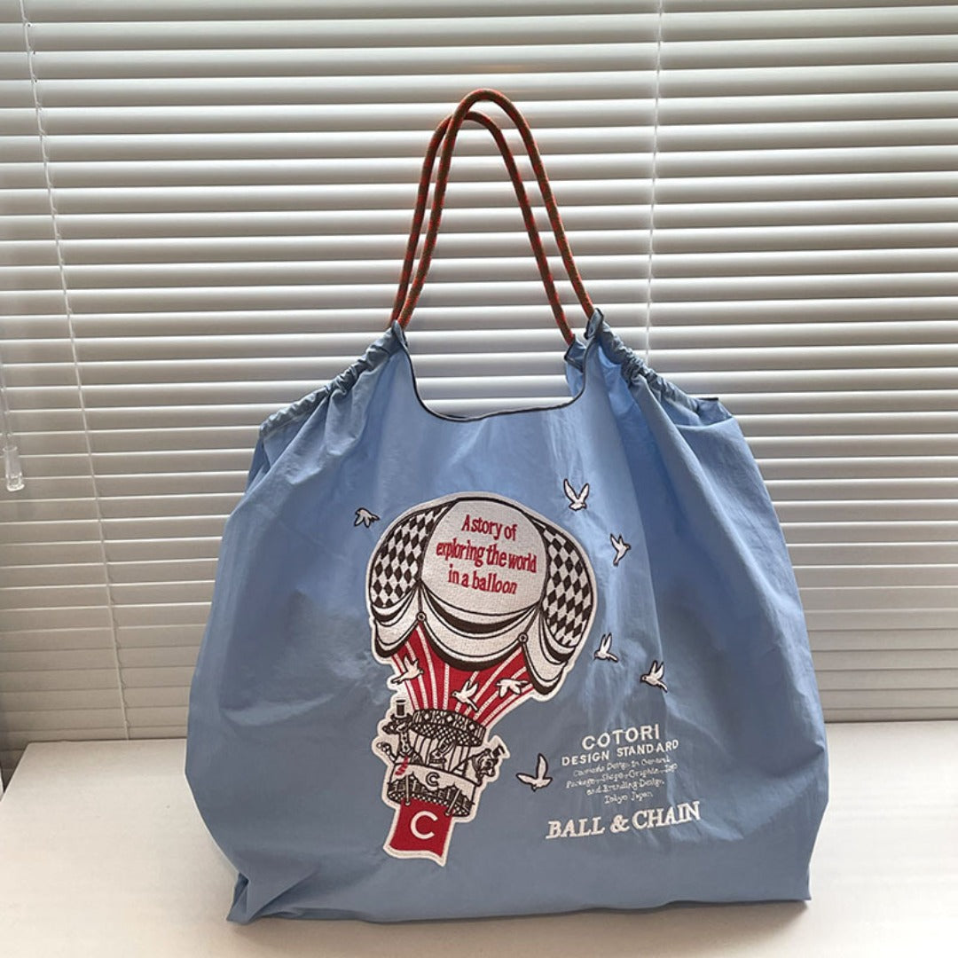 Bolso tote con estampado sencillo de globos aerostáticos, bolso de tela ecológico bordado para mujer, bolso bandolera portátil de nailon 