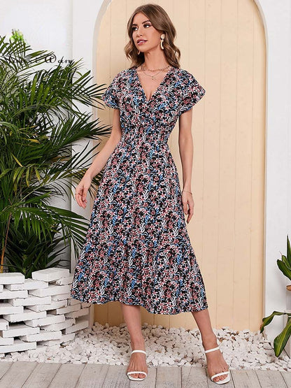 Vestido largo de verano para mujer, de gasa con estampado floral, manga corta, elegante escote en V, cintura elástica, ideal para la playa o las vacaciones.