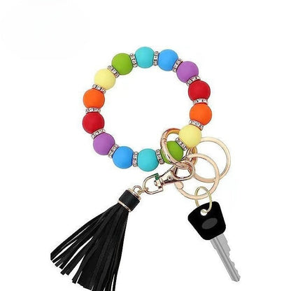 Llavero con borla de PU para bolso de mujer, llavero de silicona con cuentas, pulsera, llavero de coche, bonito soporte para mujeres y niñas. 