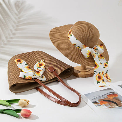 Straw Hat & Tote Set – Beach Vacation Sun Protection Duo, Large Capacity Travel Tote