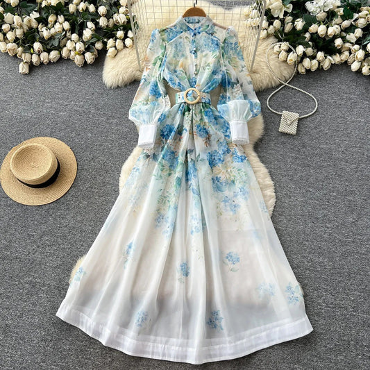 Lace-Trim Printed Dress – Mandarin Collar Long Sleeve Tie-Waist A-Line Maxi, Office Commuter Frock