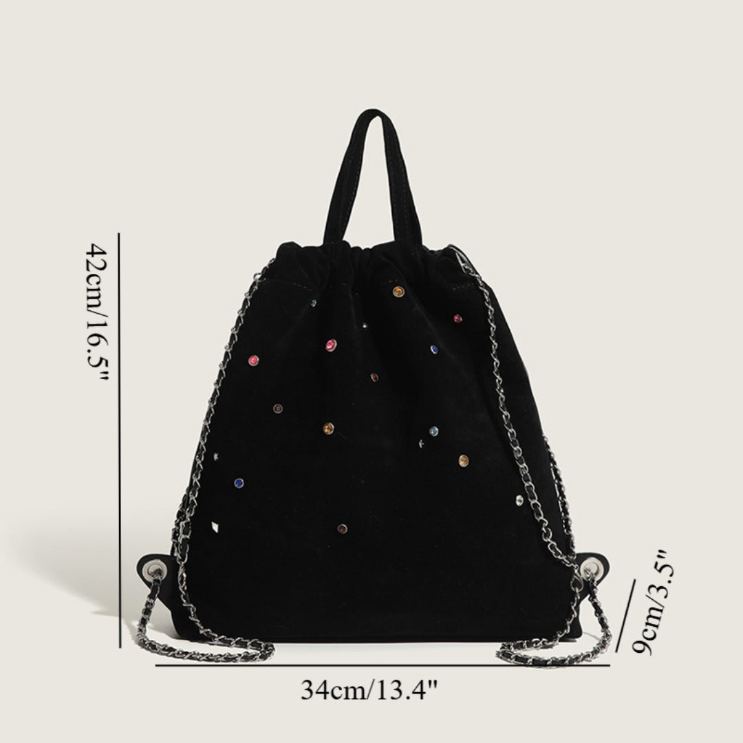 Mochila de mujer de ante mate, con cadena y detalles de piedras preciosas de colores; mochila portátil con cordón ajustable. 