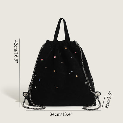 Mochila de mujer de ante mate, con cadena y detalles de piedras preciosas de colores; mochila portátil con cordón ajustable. 