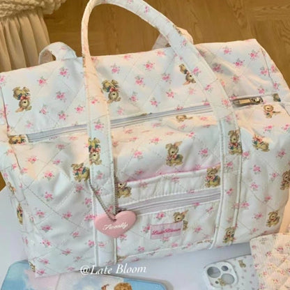 Bolso tote de gran capacidad para niñas, bolso para viajes cortos, bolso acolchado con estampado floral, bolso de hombro para estudiantes. 