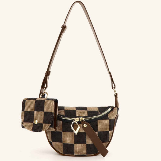 Checkerboard Canvas Crossbody Bag - 2-in-1 Compact Chest Bag & Fanny Pack with Earphone Storage
