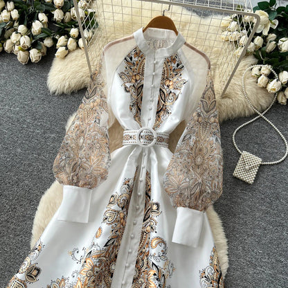 Vintage Lantern Sleeve Floral Dress – Summer Mandarin Collar Tie-Waist A-Line Maxi, Graceful Shift