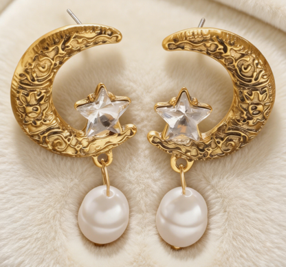French Vintage Moon & Star Pearl Drop Earrings
