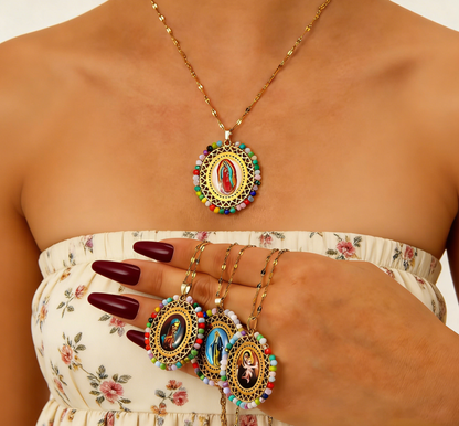 Stainless Steel Virgin Mary Crystal Pendant Necklace