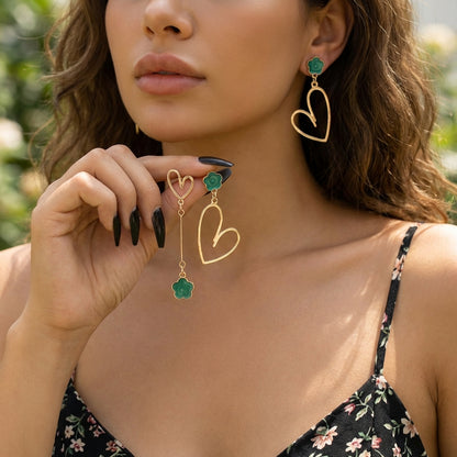 Minimalist Heart Oil-Drop Flower Pendant Stud Earrings Cute Asymmetric Earrings