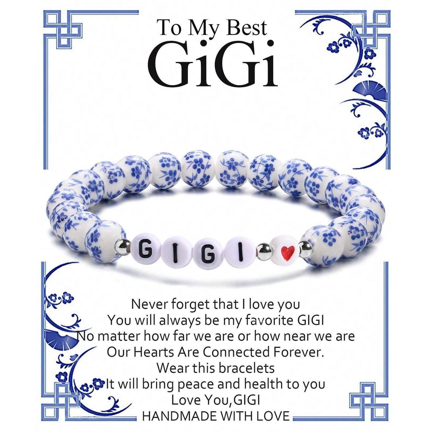 Blue and White Porcelain MAMA Beaded Bracelet