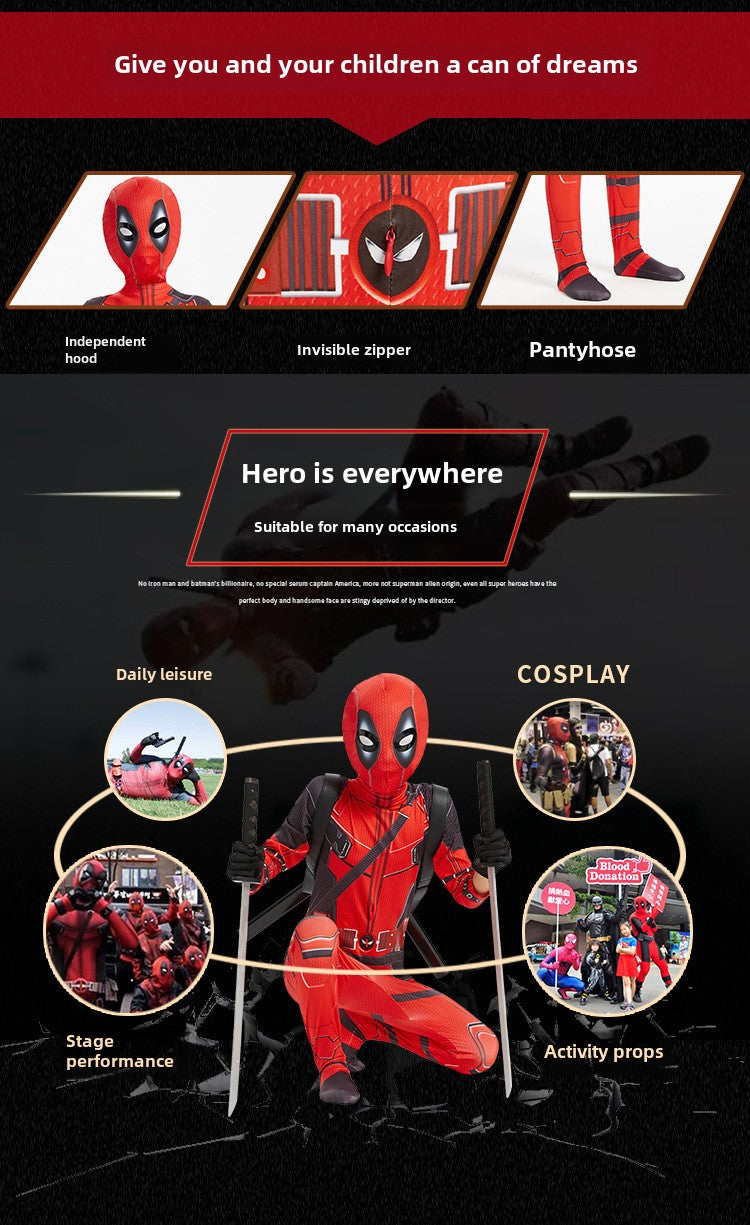 Disfraz de Deadpool para Halloween: mono ajustado para niños, mochila con doble cuchillo para adultos, traje para niños.